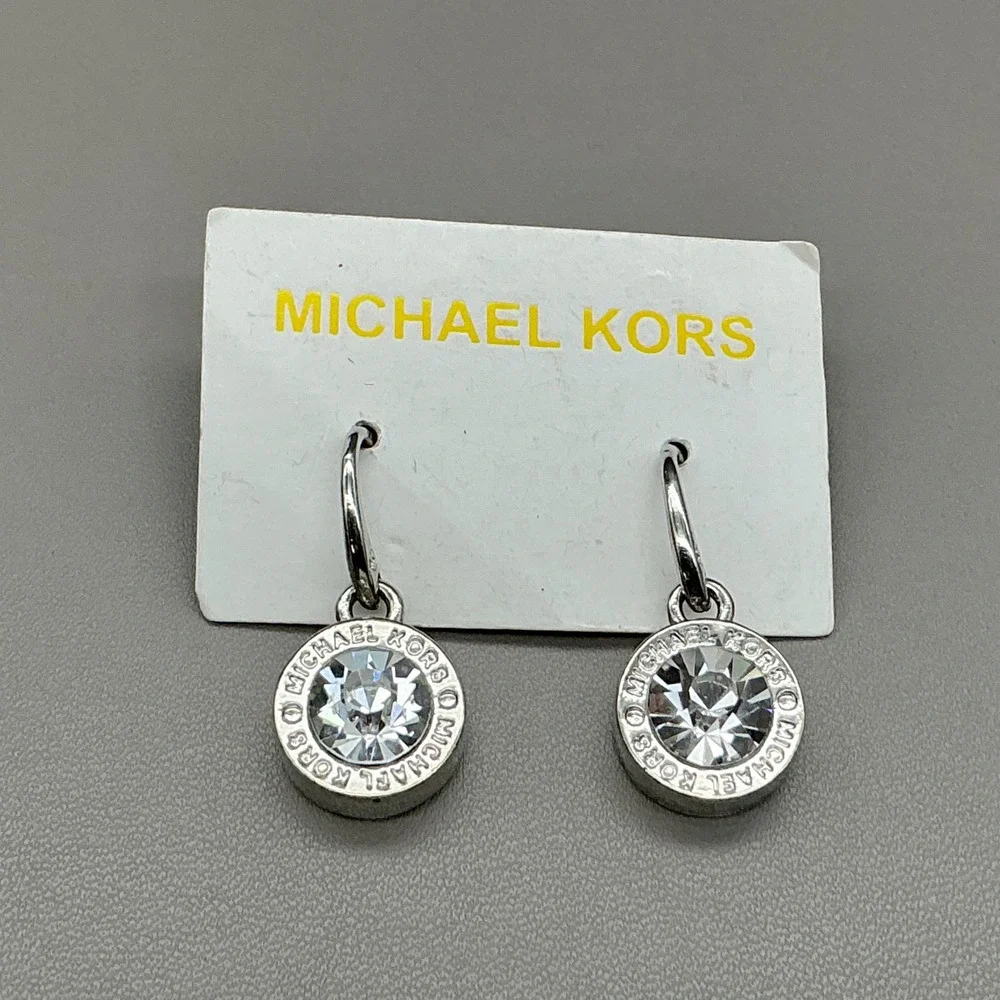 Michael Kors Silver Tone Crystal Logo Drop Earrings MK Fashion Jewelry 8048